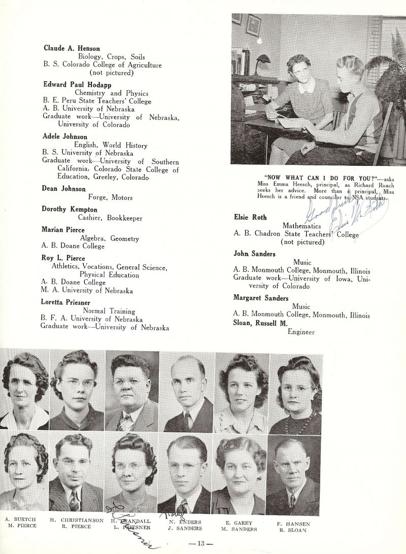 1943 Anna Burtch. Helen Christianson. Horace Crandall. Norris Enders. Edith Garey. Florence Hansen. Marian Pierce. Roy Pierce. Loretta Priesner. Elsie Roth. John Sanders. Margaret Sanders. Russell Sloan. Richard Roach,