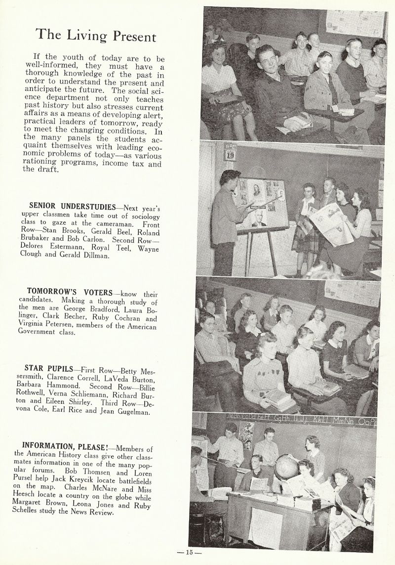 1943 Stan Brooks, Gerald Beel, Roland Brubaker, Bob Carlon, Delores Estermann, Royal Teel, Wayne Clough, Gerald Dillman, George Bradford, Laura Bollinger, Clark Becher, Ruby Cochran, Virginia Petersen, Betty Messersmith, Clarance Correll, LaVeda Burton, Barbara Hammond, Billie Rothwell, Verna Schliemann, Richard Burton, Eileen Shirley, Devona Cole, Earl Rice, Jean Gugelman, Bob Thomsen, Loren Pursel, Jack Kreycik, Charles McNare, Instructor Emma Heesch. Margaret Brown, Leona Jones, Ruby Schelles.