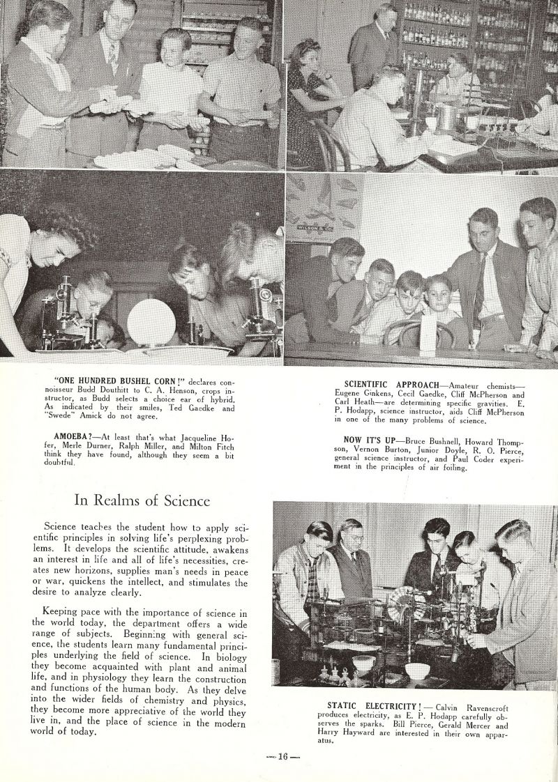 1943 Budd Douthit, Instructor Claude Henson. Ted Gaedke, Carl Amick (Swede Amick), Jacqueline Hofer, Merle Durner, Ralph Miller, Milton Fitch, Eugene Ginkins, Cecil Gaedke, Cliff McPherson, Carl Heath, Instructor Edward Hodapp. Bruce Bushnell, Howard Thompson, Vernon Burton, Junior Doyle, Paul Coder, Instructor Roy Pierce. Calvin Ravenscroft, Bill Pierce, Gerald Mercer, Harry Hayward. 