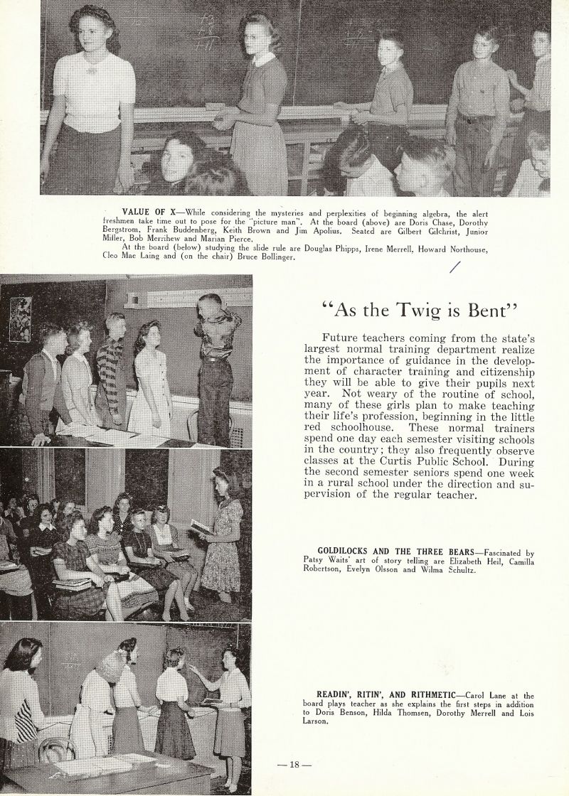 1943 Doris Chase, Dorothy Bergstrom, Frank Buddenberg, Keith Brown, Jim Apolius, Gilbert Gilchrist, Junior Miller, Bob Merrihew, Marian Pierce, Douglas Phipps, Irene Merrell, Howard Northouse, CleoMae Laing, Bruce Bollinger, Patsy Waits, Elizabeth Heil, Camilla Robertson, Evelyn Olsson, Wilma Schultz, Carol Lane, Doris Benson, Hilda Thomsen, Dorothy Merrell, Lois Larson,