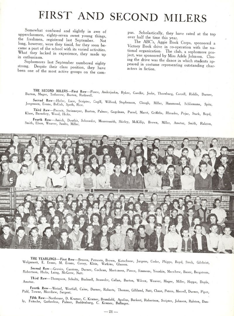 1943 SOPHOMORES: Peace, Anderjaska, Ryker, Gaedke, Jeske, Thornburg, Correll, Riddle, Durner, Burton, Magee, Tetherow, Burton, Rothwell, Hofer, Luce, Scripter, Cogill, Wilford, Stephenson, Clough, Miller, Hammond, Schliemann, Spitz, Jorgensen, Evans, Bollish, Speth, Rice, Perrett, Steinmeyer, Burton, Palmer, Gugelman, Pursel, Maret, Griffiths, Rhoades, Pojar, Stark, Boyd, Klase, Barnebey, Wood, Hicks, Amick, Douthit, Schroeder, Messersmith, Shirley, McKillip, Brown, Miller, Amstuz, Smith, Ralston, Smith, Elson, Weaver, Saults, Miller, FRESHMAN: Benson, Petersen, Brown, Kotschwar, Jurgens, Coder, Phipps, Boyd, Steck, Gilchrist, Wolgamott, E. Evans, M. Evans, Covey, Klein, Watkins, Glasson, Groves, Carstens, Durner, Cochran, Mortensen, Pierce, Simmons, Younkin, Merrihew, Bauer, Bergstrom, Robertson, Hicks, Laing, McGrew, Nutt, Thompson, Schultz, Bushnell, Strawder, Callan, Burton, Wilcox, Weaver, Magee, Miller, Hoppe, Doyle, Amstuz, Wetzel, Westfall, Caine, Durner, Roberts, Thomas, Gilliland, Nutt, Chase, Peters, Merrell, Durner, Piper, Pahl, Towne, Merrihew, Sargent, Northouse, D. Kramer, C. Kramer, Brumfield, Apolius, Burkert, Robertson, Scripter, Johnson, Ralston, Danly, Fritsche, Gutherless, Palmer, Buddenburg, C. Kramer, Ballinger,