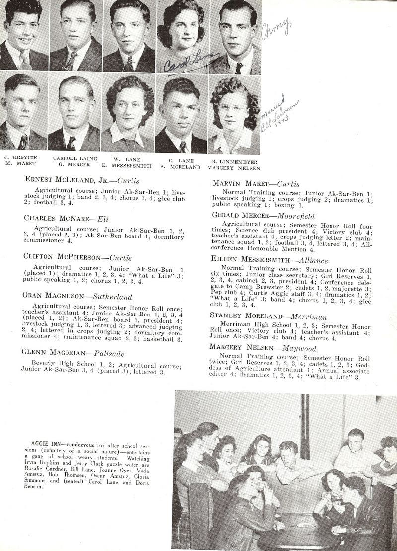 1943 Jack Kreycik, Carroll Laing, William Lane, Bill Lane, Carol Lane, Richard Linnemeyer, Marvin Maret, Gerald Mercer, Eileen Messersmith, Stanley Moreland, Margery Nelsen, Ivan Hopkins, Jerry Clark, Rosalie Gardner, Joanne Dyer, Veda Amstuz, Bob Thomsen, Oscar Amstuz, Gloria Simmons, Doris Benson,  