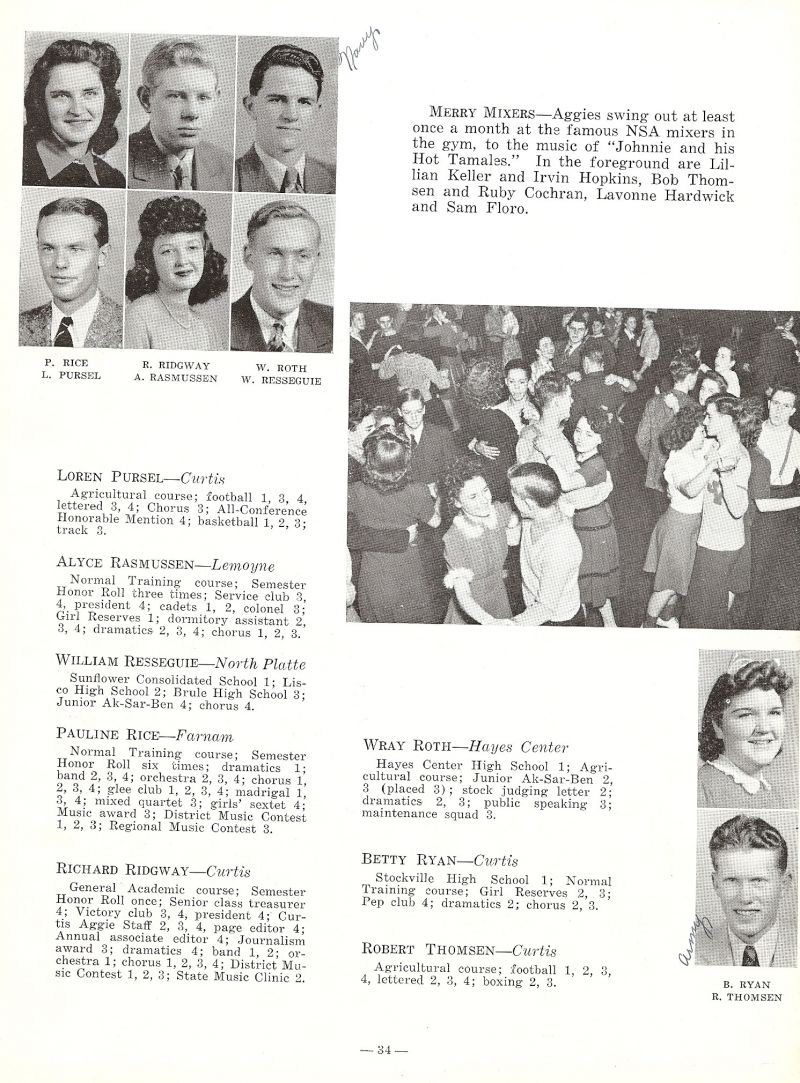 1943 Loren Pursel, Alyce Rasmussen, William Resseguie, Pauline Rice, Richard Ridgway, Wray Roth, Betty Ryan, Robert Thomsen, Bob Thomsen, Lillian Keller, Irvin Hopkins, Ruby Cochran, LaVonne Hardwick, Sam Floro, 