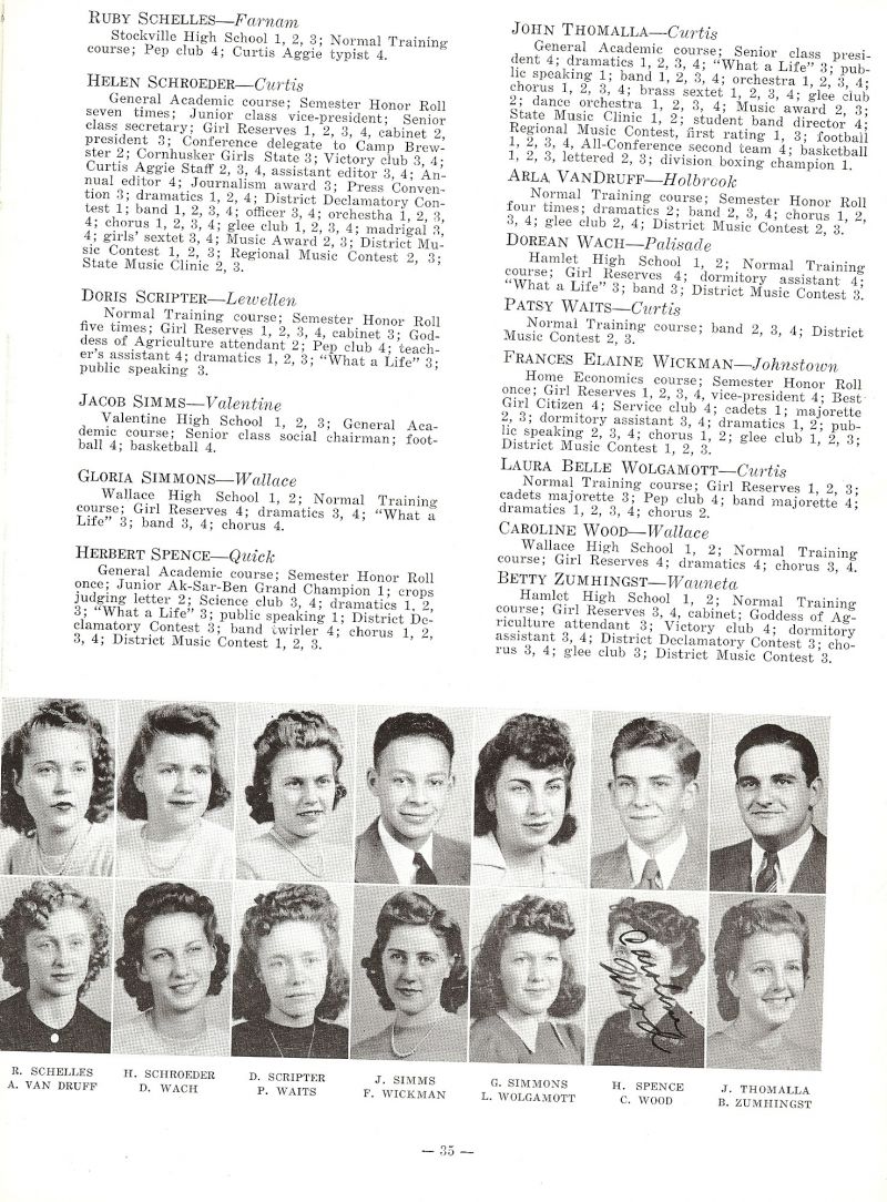 1943 Ruby Schelles, Helen Schroeder, Doris Scripter, Jacob Simms, Gloria Simmons, Herbert Spence, John Thomalla, Arla VanDruff, Dorean Wach, Patsy Waits, Frances Wickman, LauraBelle Wolgamott, Caroline Wood, Betty Zumhingst,