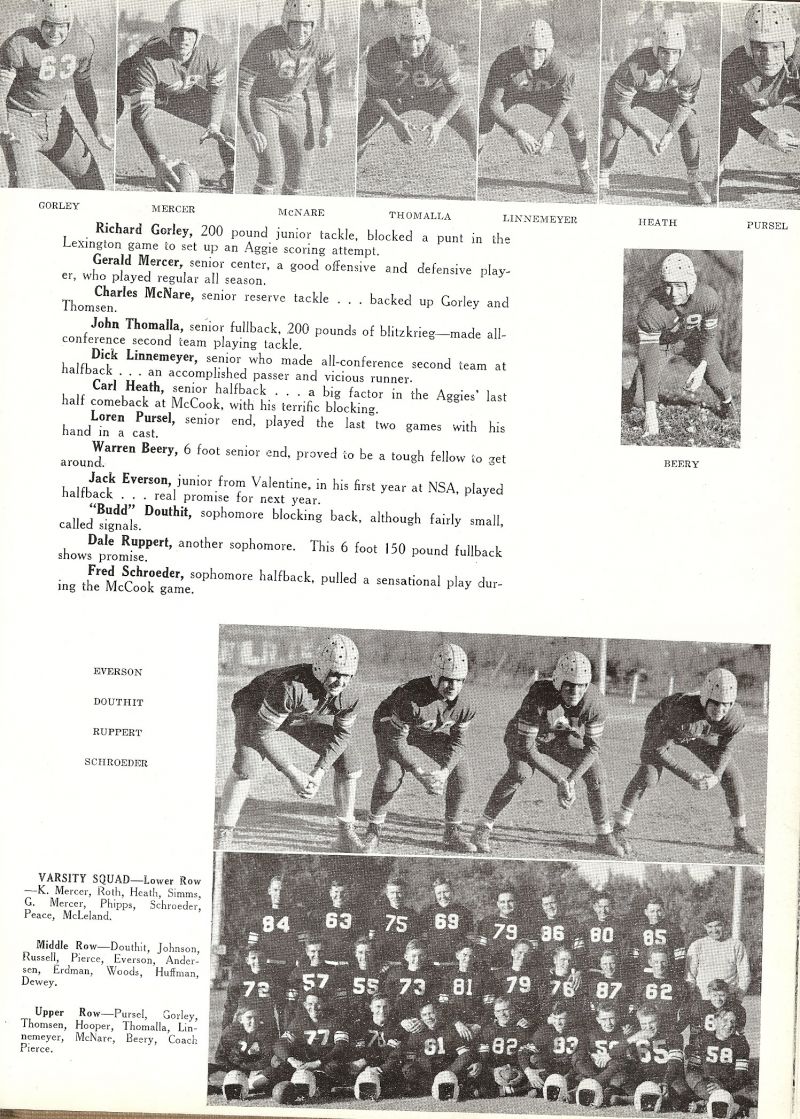 1943 Richard Gorley, Gerald Mercer, Charles McNare, John Thomalla, Dick Linnemeyer, Carl Heath, Loren Pursel, Warren Beery, Jack Everson, Harold Douthit Jr, (Budd Douthit), Dale Ruppert, Fred Schroeder, Kelly Mercer, Roth, Simms, Leonard Phipps, Peace, McLeland, Johnson, Robert Russell, Bill Pierce, Maurice Andersen, Dean Erdman, Woods, Huffman, Dewey, Robert Thomsen, Hooper, Roy Pierce. 