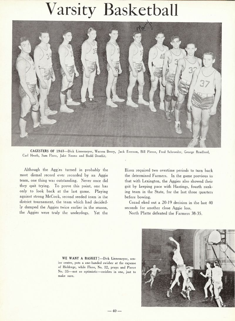 1943 Dick Linnemeyer, Warren Beery, Jack Everson, Bill Pierce, Fred Schroeder, George Bradford, Carl Heath, Sam Floro, Jake Simms, Harold Douthit Jr, (Budd Douthit).