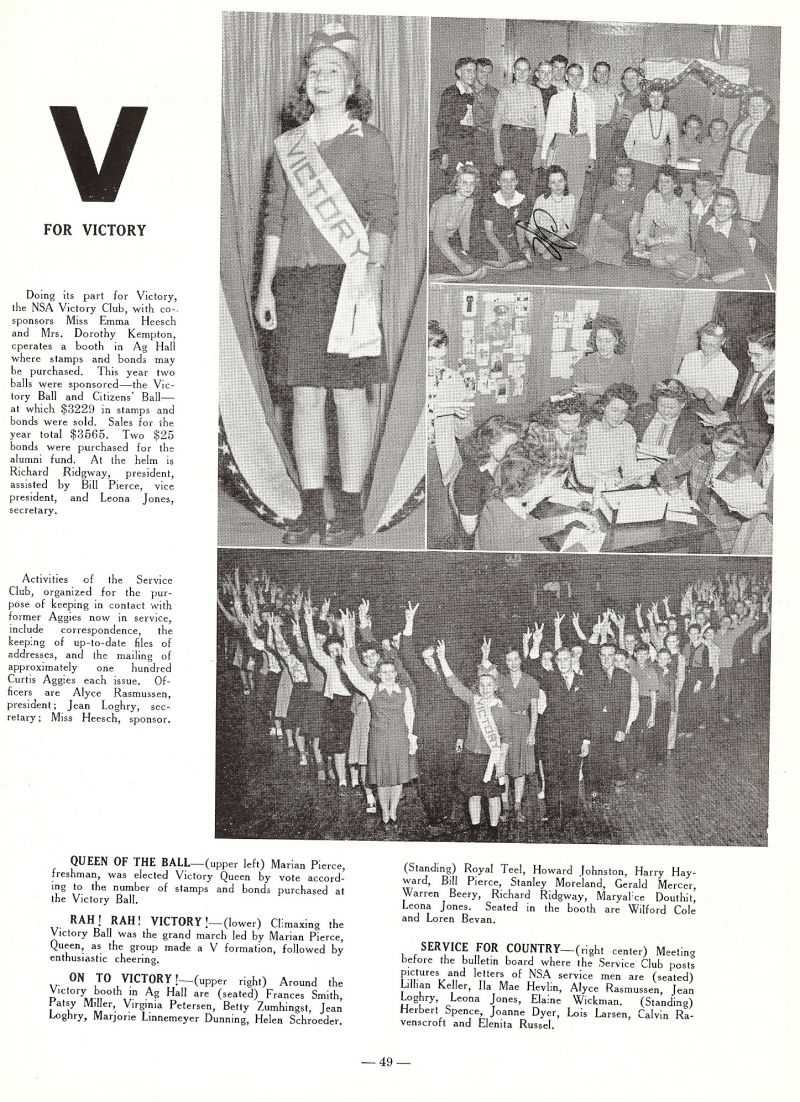 1943 Marian Pierce,  Frances Smith, Patsy Miller, Virginia Petersen, Betty Zumhingst, Jean Loghry, Marjorie Linnemeyer, (Marjorie Dunning), Helen Schroeder, Royal Teel, Howard Johnston, Harry Hayward, Bill Pierce, Stanley Moreland, Gerald Mercer, Warren Beery, Richard Ridgway, Maryalice Douthit, Leona Jones, Wilford Cole, Loren Bevan, Lillian Keller, IllaMae Hevlin, Alyce Rasmussen, Leona Jones, Elaine Wickman, Herbert Spence, Joanna Dryer, Calvin Ravenscroft, Elenita Russell.