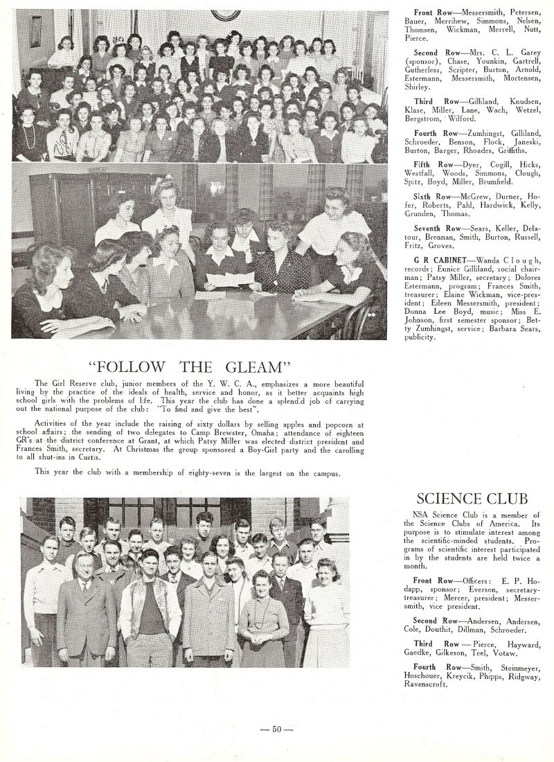 1943 Eileen Messersmith, Petersen, Bauer, Merrihew, Simmons, Nelsen, Thomsen, Elaine Wickman, Merrell, Nutt, Pierce, Garey, Chase, Younkin, Gartrell, Gutherless, Scripters, Burton, Arnold, Delores Estermann, Mesersmith, Mortensen, Shirley, Eunice Gilliland, Knudsen, Klase, Miller, Lane, Wach, Wetzel, Bergstrom, Wilford, Betty Zumhingst, Gilliland, Schroeder, Benson, Flock, Janeski, Burton, Barger, Rhoades, Griffiths, Dyer, Cogill, Hicks, Westfall, Woods, Simmons, Wanda Clough, Spitz, Donna Boyd, Patsy Miller, Brumfield, McGrew, Durner, Hofer, Roberts, Pahl, Hardwick, Kelly, Grunden, Thomas, Barbara Sears, Keller, Delatour, Brennan, Frances Smith, Burton, Russell, Fritz, Groves, Elvena Johnson. Edward Hodapp. Jack Everson, Gerald Mercer, Eileen Messersmith, Andersen, Andersen, Cole, Douthit, Dillman, Schroeder, Pierce, Hayward, Gaedke, Gilkeson, Teel, Votaw, Smith, Steinmeyer, Hoschouer, Kreycik, Phipps, Ridgway, Ravenscroft.