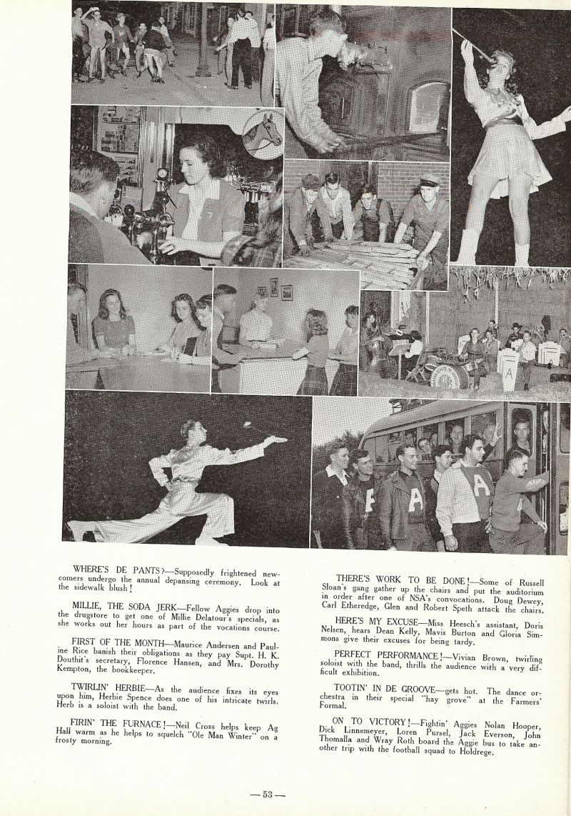 1943 Millie Delatour, Maurice Andersen, Pauline Rice, Florence Hansen. Dorothy Kempton. Derbie Spence, Neil Cross, Doug Dewey, Carl Etheredge, Glen Speth, Robert Speth, Doris Nelsen, Dean Kelly, Mavis Burton, Gloria Simmons, Vivian Brown, Nolan Hooper, Dick Linnemeyer, Loren Pursel, Jack Everson, John Thomalla, Wray Roth.