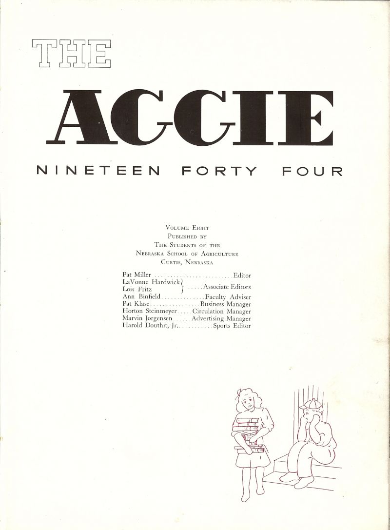 1944 Patsy Miller, Pat Miller, LaVonne Hardwick, Lois Fritz, Sponsor Ann Benfield. Pat Klase, Horton Steinmeyer, Marvin Jorgensen, Harold Douthit Jr, Budd Douthit,