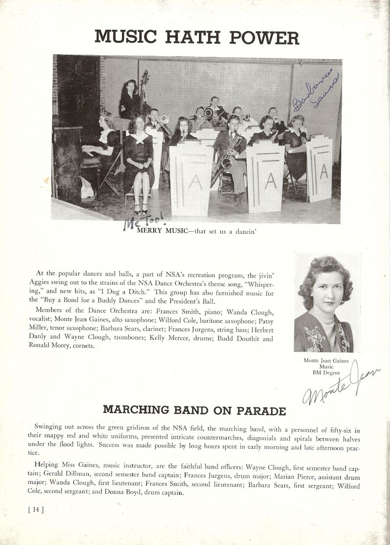 1944 Frances Smith, Wanda Clough, Wilford Cole, Patsy Miller, Pat Miller, Barbara Sears, Frances Jurgens, Herbert Danly, Wayne Clough, Kelly Mercer, Budd Douthit, Ronald Morey, Director Monte Gaines.