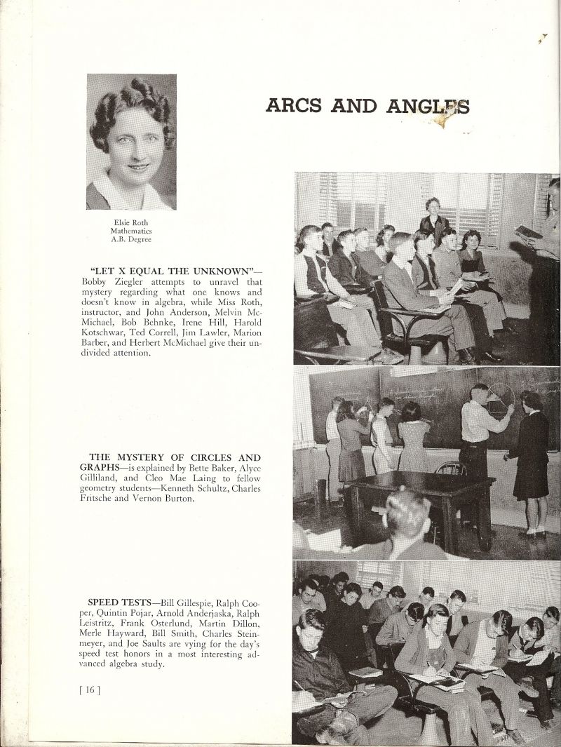 1944 Instructor Elsie Roth. Bobby Ziegler, John Anderson, Melvin McMichael, Bob Behnke, Irene Hill, Harold Kotschwar, Ted Correll, Jim Lawler, Marion Barber, Herbert McMichael, Bette Baker, Alice Gilliland, CleoMae Laing, Kenneth Schultz, Charles Fritsche, Vernon Burton, Bill Gillespie, Ralph Cooper, Quintin Pijar, Arnold Anderjaska, Ralph Leistritz, Frank Osterlund, Martin Dillon, Duke Dillon, Merle Hayward, Bill Smith, Charles Steinmeyer, Joe Saults,