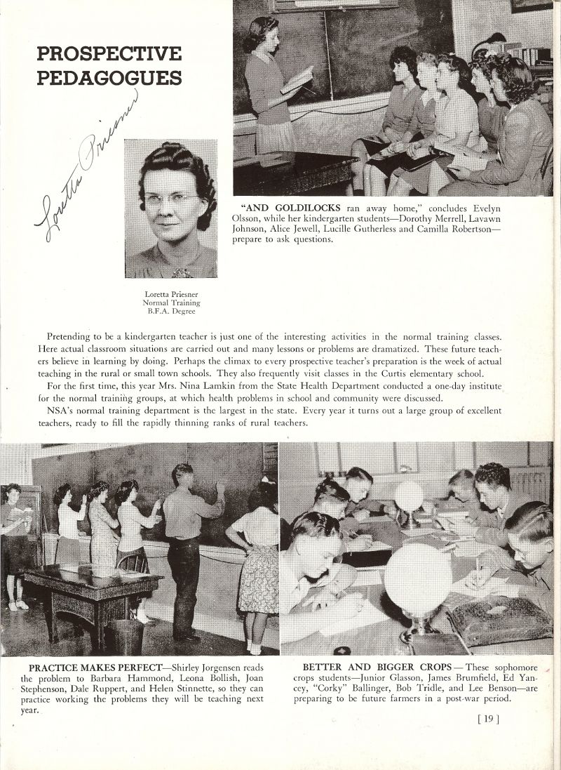 1944 Instructor Loretta Priesner. Evelyn Olsson, Dorothy Merrell, Lavawn Johnson, Alice Jewell, Lucille Gutherless, Camilla Robertson, Shirley Joergensen, Barbara Hammond, Leona Bollish, Joan Stephenson, Dale Ruppert, Helen Stinnette, Junior Glasson, James Brumfield, Ed Yancy, Bruce Ballinger, Bob Tridle, Lee Benson,