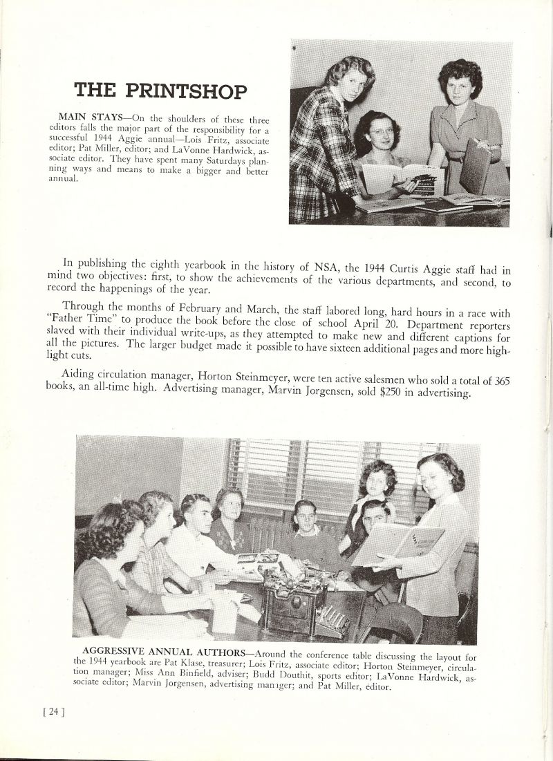 1944 Lois Fritz, Patsy Miller, Pat Miller, LaVonne Hardwick, Pat Klase, Horton Steinmeyer, Instructor Ann Binfield. Harold Douthit Jr, Budd Douthit, Marvin Jorgensen,