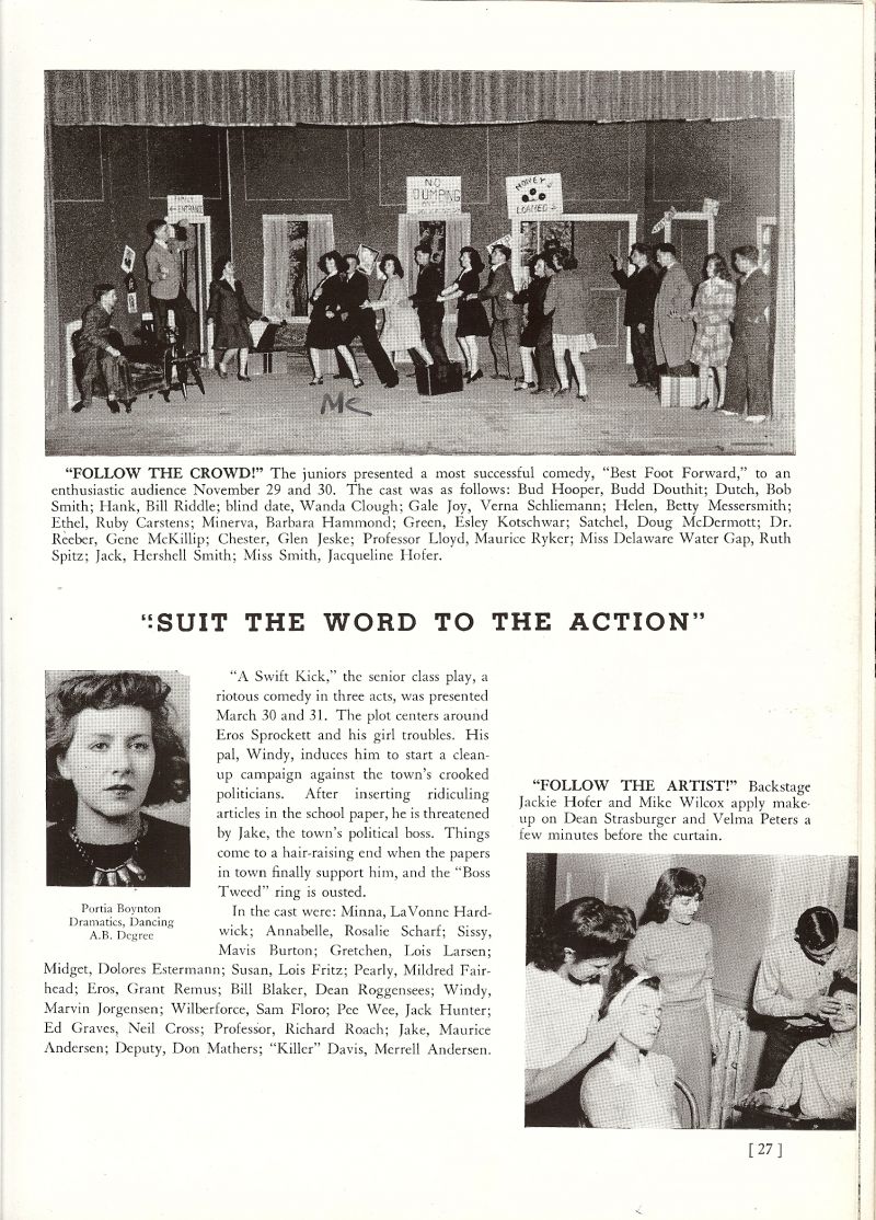 1944 Instructor Portia Boynton. Harold Douthit Jr, Budd Douthit, Bob Smith, Bill Riddle, Wanda Clough, Verna Schliemann, Betty Messersmith, Ruby Carstens, Barbara Hammond, Esley Kotschwar, Doug McDermott, Gene McKillip, Glen Jeske, Maurice Ryker, Ruth Spitz, Hershell Smith, Jacqueline Hofer, Mike Wilcox, Dean Strasburger, Velma Peters,