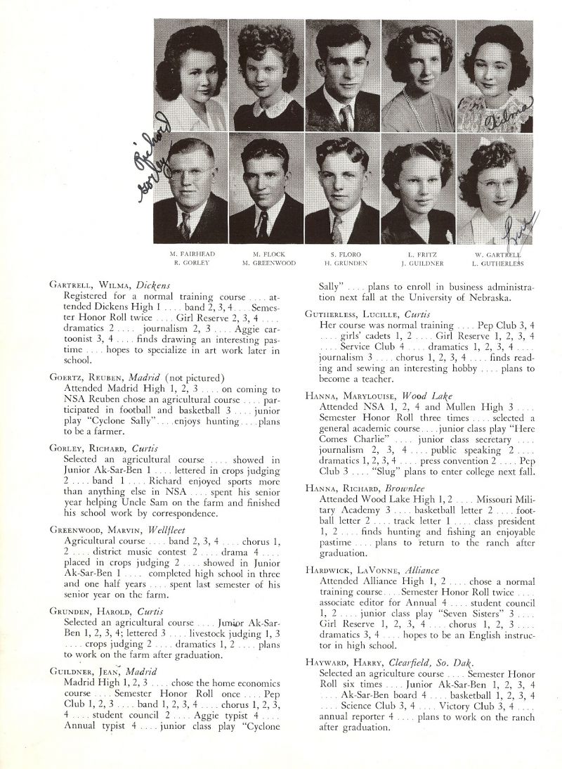1944 Mildred Fairhead, Maxine Flock, Sam Floro, Lois Fritz, Wilma Gartrell, Reuben Goertz, Richard Gorley, Marvin Greenwood, Harold Grunden, Jean Guildner, Lucille Gutherless.