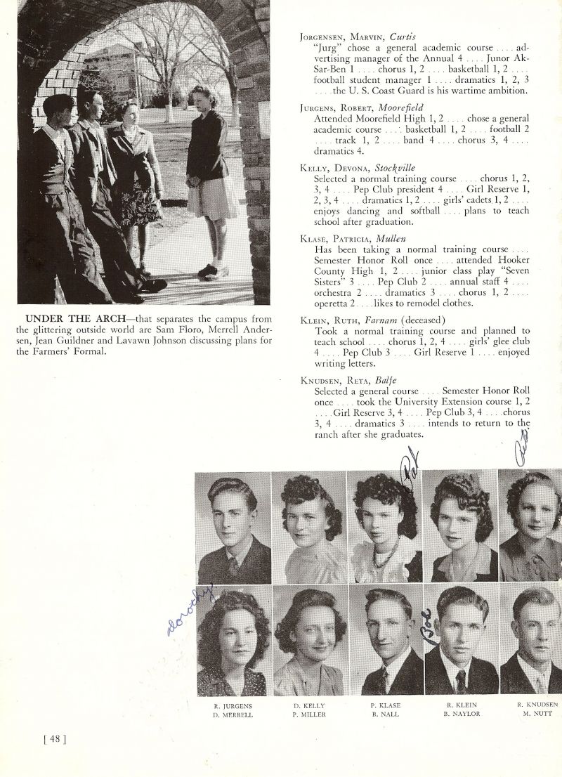 1944 Sam Floro, Merrell Andersen, Jean Guildner, Lavawn Johnson, Robert Jurgens, Devona Kelly, Patricia Klase, Ruth Klein, Reta Knudsen, Dorothy Merrell, Patsy Miller, Pat Miller, Bruce Nall, Robert Naylor, Mack Nutt.
