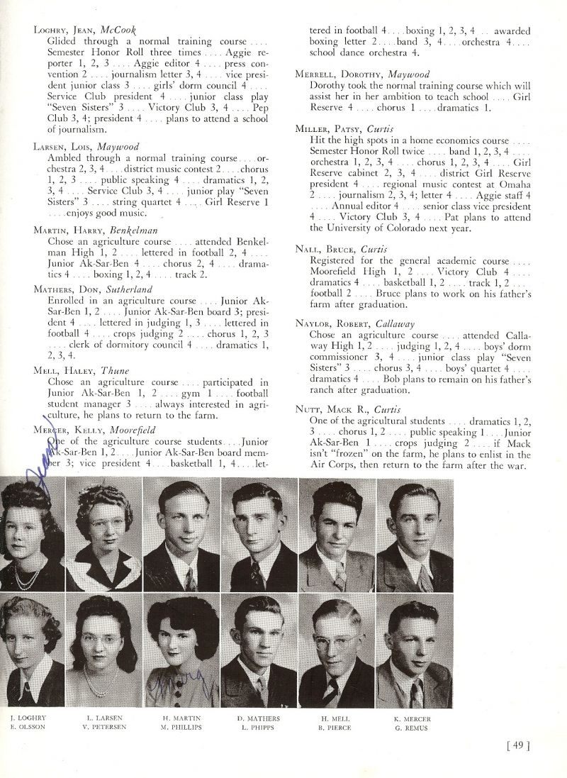 1944 Jean Loghry, Lois Larsen, Harry Martin, Don Mathers, Haley Mell, Kelly Mercer, Evelyn Olsson, Virginia Petersen, Margaret Phillips, Leonard Phipps, William Pierce (Bill Pierce), Grant Remus.