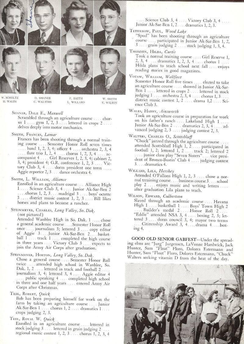 1944 Wilma Schultz, Dale Shaner, Frances Smith, William Smith, Harry Wales, Charles Walters, Chuck Walters, Lila Willard, Edward Wilson, Marvin Jorgensen, LaVonne Hardwick, Jack Hunter, Sam Floro, Dolores Estermann, Charles Walters, Chuck Walters, Robert Teel, Royal Teel, Horton Steinmeyer, Charles Steinmeyer, William Votaw, Hilda Thomsen, Paul Tetherow,