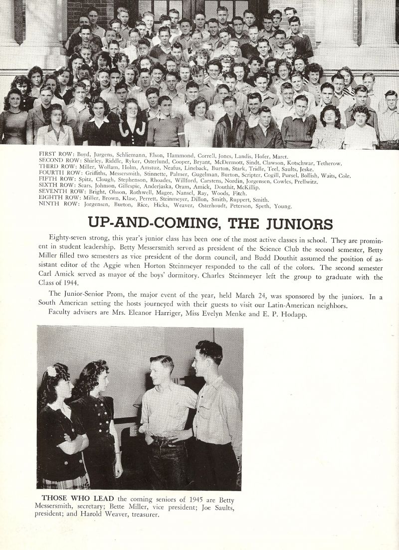 1944 Betty Messersmith, Bette Miller, Joe Saults, Harold Weaver, Boyd, Jurgens, Schliemann, Elson, Hammond, Correll, Jones, Landis, Hofer, Maret, Shirley, Riddle, Ryker, Osterlund, Cooper, Bryant, DcDermott, Sindt, Clawson, Kotschwar, Tetherow, Miller, Wollam, Holm, Amstuz, Neafus, Lineback, Burton, Stark, Tridle, Teel, Saults, Jeske, Griffiths, Messersmith, Stinnette, Palmer, Gugelman, Burton, Scripter, Cogill, Pursel, Bollish, Waits, Cole, Spitz, Clough, Stephenson, Rhoades, Willford, Carstens, Nordin, Jorgensen, Cowles, Prellwitz, Sears, Johnson, Gillespie, Anderjaska, Oram, Amick, Douthit, McKillip, Bright, Olsson, Rothwell, Magee, Nansel, Ray, Woods, Fitch, Miller, Brown, Klase, Perrett, Steinmeyer, Dillon, Smith, Ruppert, Smith, Jorgensen, Burton, Rice, Hicks, Weaver, Osterhoudt, Peterson, Speth, Young,