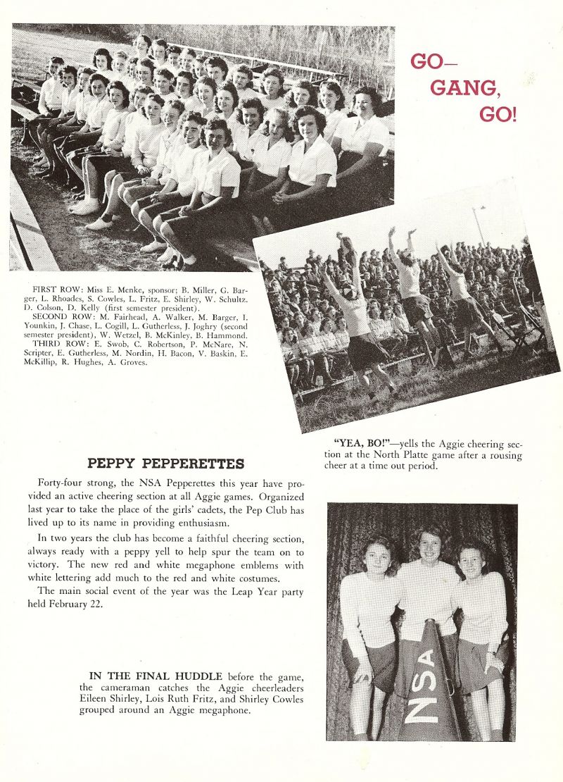1944 Sponsor Evelyn Menke. B Miller, G Barger, L Rhoades, S Cowles, L Fritz, E Shirley, W Schultz, D Colson, D Kelly, M Fairhead, A Walker, M Barger, I Younkin, J Chase, L Cogill, L Gutherless, J Loghry, W Wetzel, B McKinley, B Hammond, E Swob, C Robertson, P McNare, N Scripter, E Gutherless, M Nordin, H Bacon, V Baskin, E McKillip, R Hughes, A Groves, CHEERLEADERS: Eileen Shirley, Lois Fritz, Shirley Cowles,