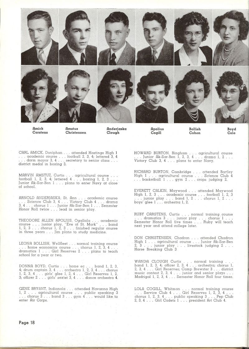 1945 Carl Amick, Marvin Amstuz, Arnold Anderjaska, Theodore Apolius (Ted Apolius), Leona Bollish, Donna Boyd, Ruby Carstens, Don Christensen, Wanda Clough, Lola Cogill, Genevieve Cohen, DeVona Cole.