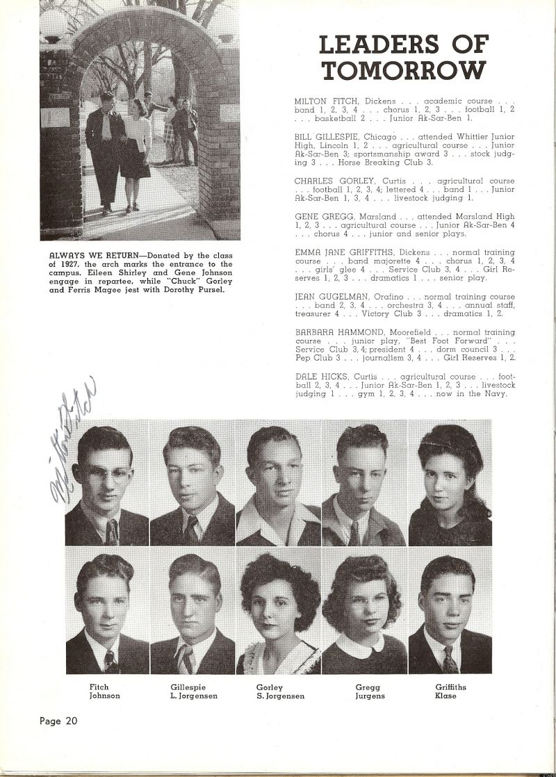 1945 Eileen Shirley, Ferris Magee, Dorothy Pursel, Milton Fitch, Bill Gillespie, Charles Gorley (Chuck Gorley), Gene Gregg, EmmaJane Griffiths, Gene Johnson, Loren Jorgensen, Shirley Jorgensen, Frances Jurgens, Don Klase.