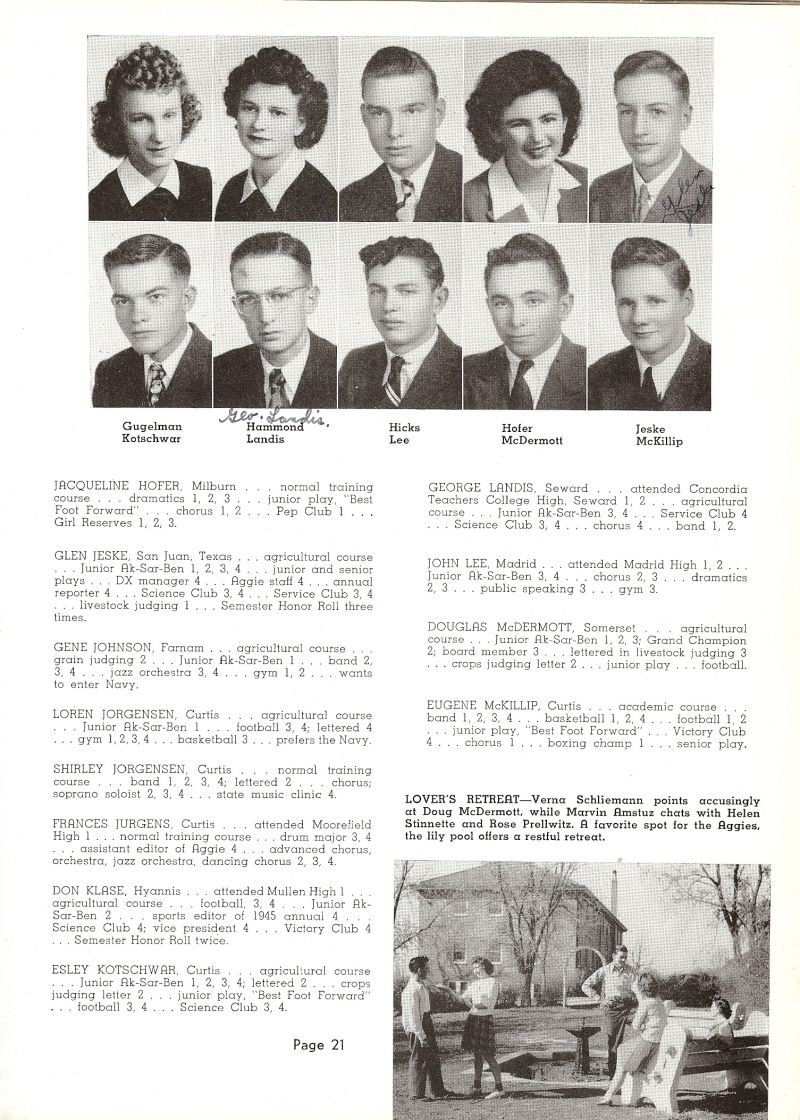 1945 Jean Gugelman, Barbara Hammond, Dale Hicks, Jacqueline Hofer, Glen Jeske, Esley Kotschwar, George Landis, John Lee, Douglas McDermott, Eugene McKillip, Verna Schliemann, Marvin Amstuz, Helen Stinnette, Rose Prellwitz.