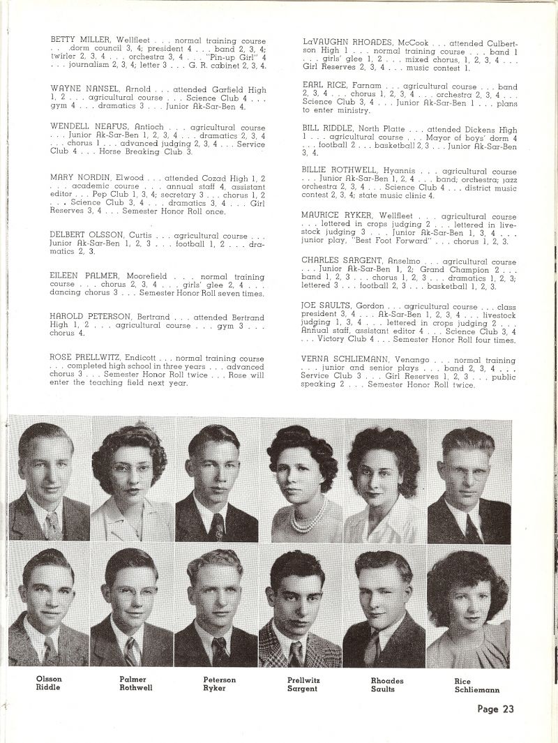 1945 Betty Miller, Wayne Nansel, Wendell Neafus, Mary Nordin, Delbert Olsson, Eileen Palmer, Harold Peterson, Rose Prellwitz, LaVaughn Rhoades, Earl Rice, Bill Riddle, Billie Rothwell, Maurice Ryker, Charles Sargent, Joe Saults, Verna Schliemann.