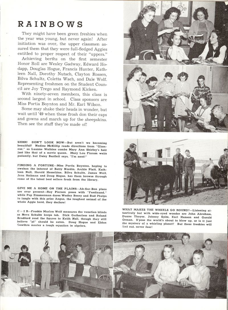 1946 Nadine Mckillip, Launne Watkins, MaryAnn Shirley, Marylou Florom, Daisy Bartlett, Betty Nordin, Archie Platt, Kathleen Nall, Harold Hesseltine, Bilva Schultz, James Wolf, Joan Heitman, Doug Hogue, Ray Pierson, Eugene Zimmerman, Wesley Beery, Bud Phelps, John Abraham, Duane Thayer, Johnny Spitz, Earl Hanson, Gerald Orman, Marilyn Wolf, Neva Schultz, Dick Gutherless, Roland Bedford, Keith Nall, Eldon Cawthra,