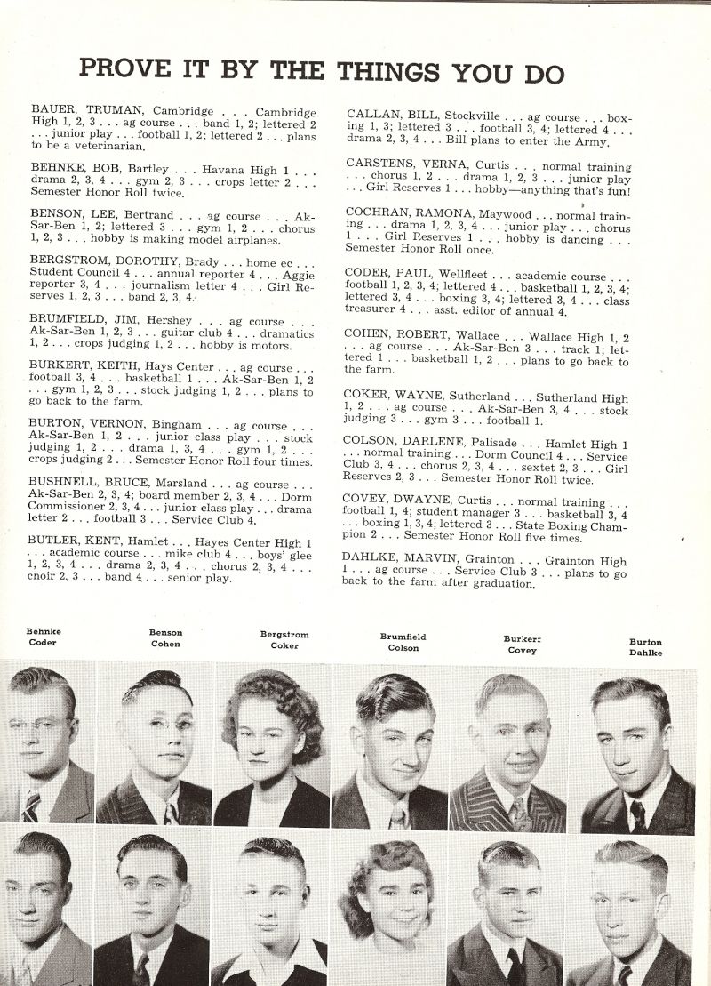 1946 Truman Bauer, Bob Behnke, Lee Benson, Dorothy Bergstrom, Jim Brumfield, Keith Burkert, Vernon Burton, Bruce Bushnell, Kent Butler, Bill Callan, Verna Carstens, Ramona Cochran,  Kent Butler, Paul Coder, Robert Cohen, Wayne Coker, Darlene Colson, Dwayne Covey, Marvin Dahlke,