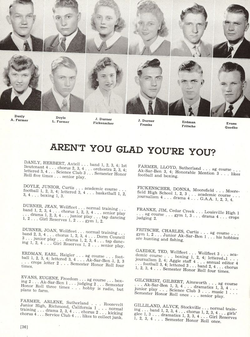 1946 Herbert Danly, Junior Doyle, Jean Durner, Joan Durner, Earl Erdman, Eugene Evans, Arlene Farmer, Lloyd Farmer, Donna Fickenscher, Jim Franke, Charles Fritsche, Ted Gaedke,