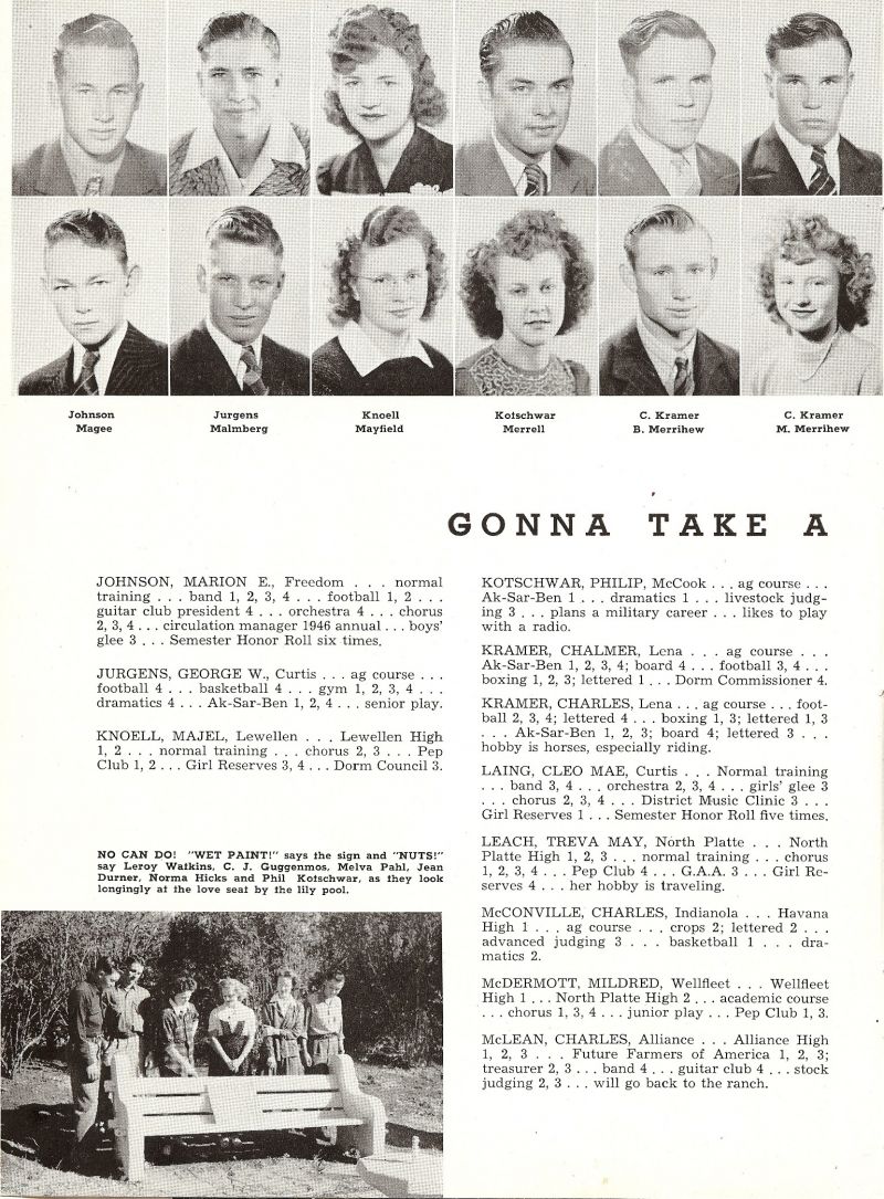 1946 Marion Johnson, George Jurgens, Majel Knoell, Philip Kotschwar, Chalmer Kramer, Charles Kramer, Orval Magee, Charles Malmberg, Faye Mayfield, Irene Merrell, Bob Merrihew, Margaret Merrihew, Leroy Watkins, C. J. Guggenmos, Melva Pahl, Jean Durner, Norma Hicks, Philip Kotschwar, Cleo Laing, Treva Leach, Charles McConville, Mildred McDermott, Charles McLean,