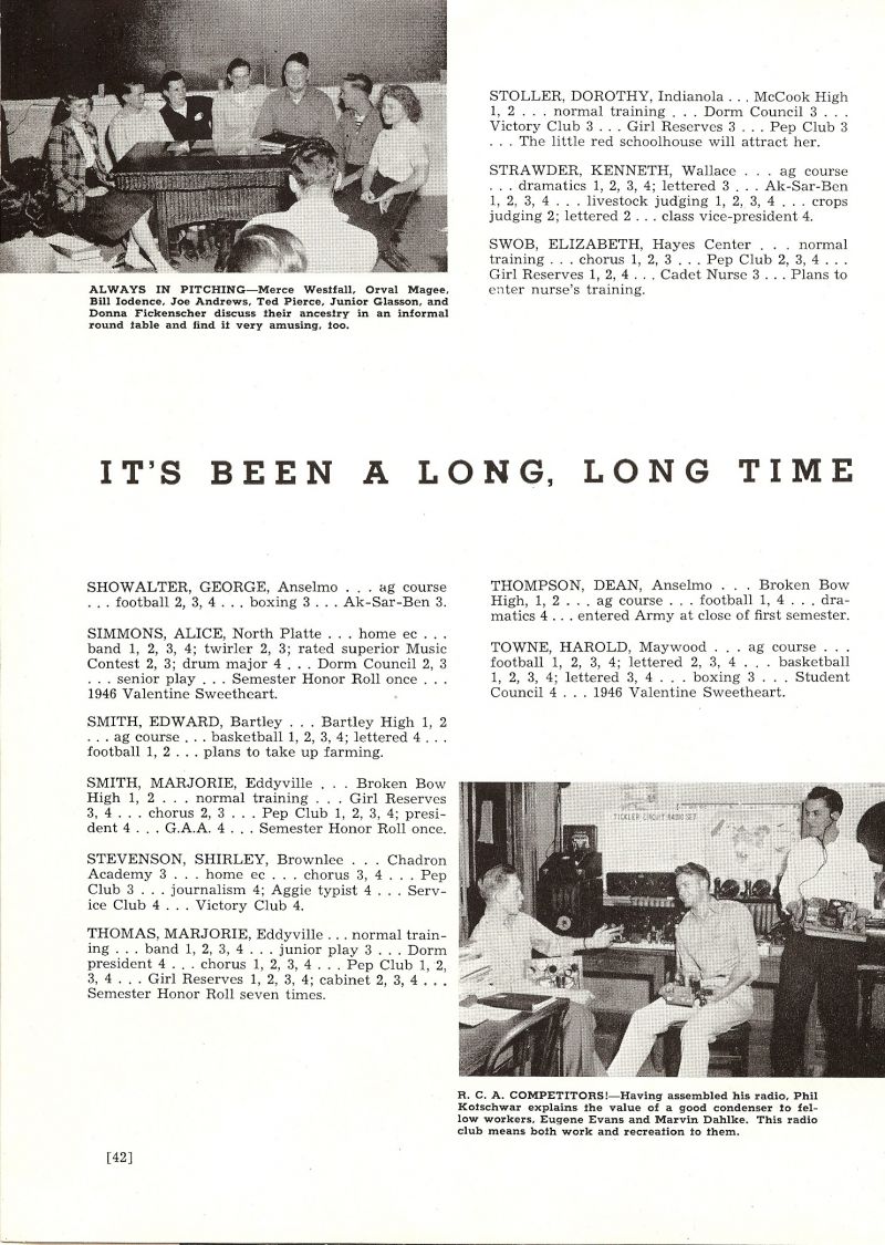 1946 Mercedes Westfall, Orval Magee, Bill Iodence, Joe Andrews, Ted Pierce, Junior Glassen, Donna Fickenscher, Phil Kotschwar, Eugene Evans, Marvin Dahlke, Dorothy Stoller, Kenneth Strawder, Elizabeth Swob, Dean Thompson, Harold Towne, George Showalter, Alice Simmons, Edward Smith, Marjorie Smith, Shirley Stevenson, Marjorie Thomas,