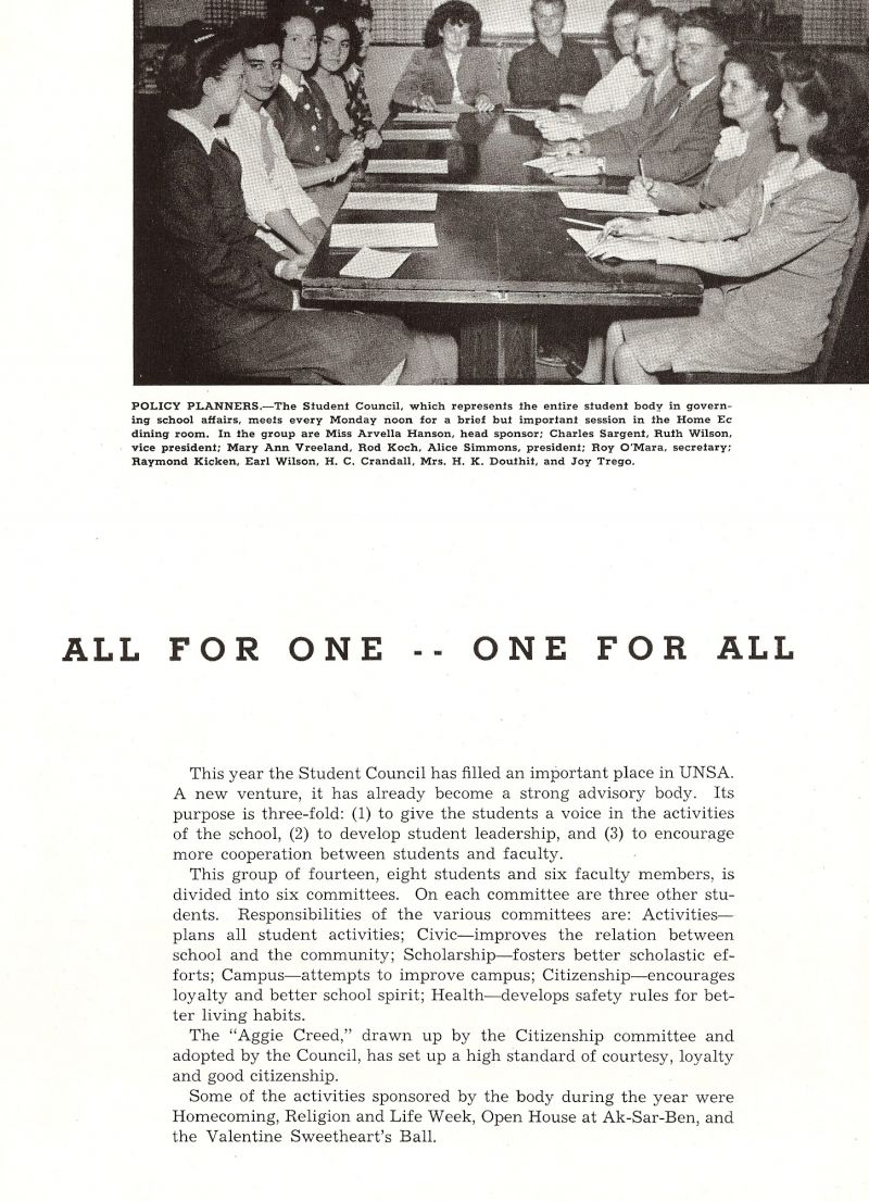 1946 Arvella Hanson, Charles Sargent, Ruth Wilson, MaryAnn Vreeland, Rod Koch, Alice Simmons, Roy O'Mara, Raymond Kicken, Earl Wilson, Horace Crandall. Joy Trego, Edith Douthit.