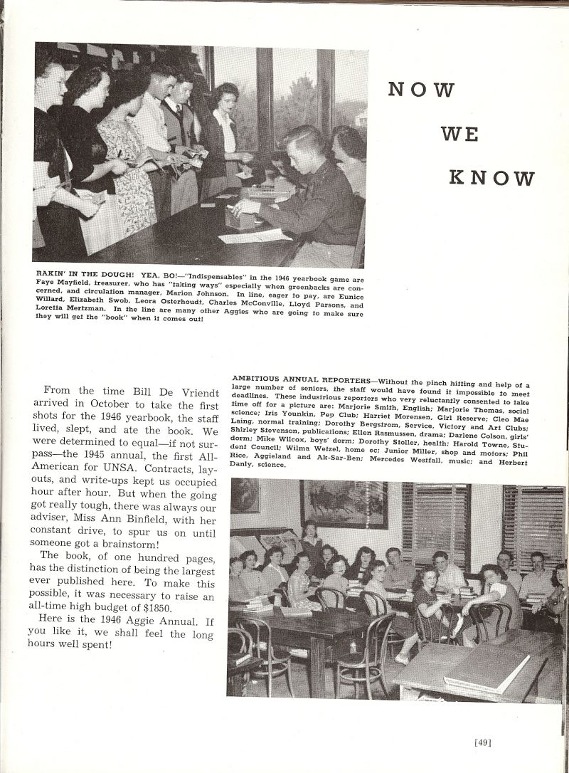 1946 Faye Mayfield, Marion Johnson, Eunice Willard, Elizabeth Swob, Leora Osterhoudt, Charles McConville, Lloyd Parsons, Loretta Mertzman, Marjorie Smith, Marjorie Thomas, Iris Younkin, Harriet Mortensen, CleoMae Laing, Dorothy Bergstrom, Shirley Stevenson, Ellen Rasmussen, Darlene Colson, Mike Wilcox, Junior Miller, Phil Rice, Mercedes Westfall, Herbert Danly, 