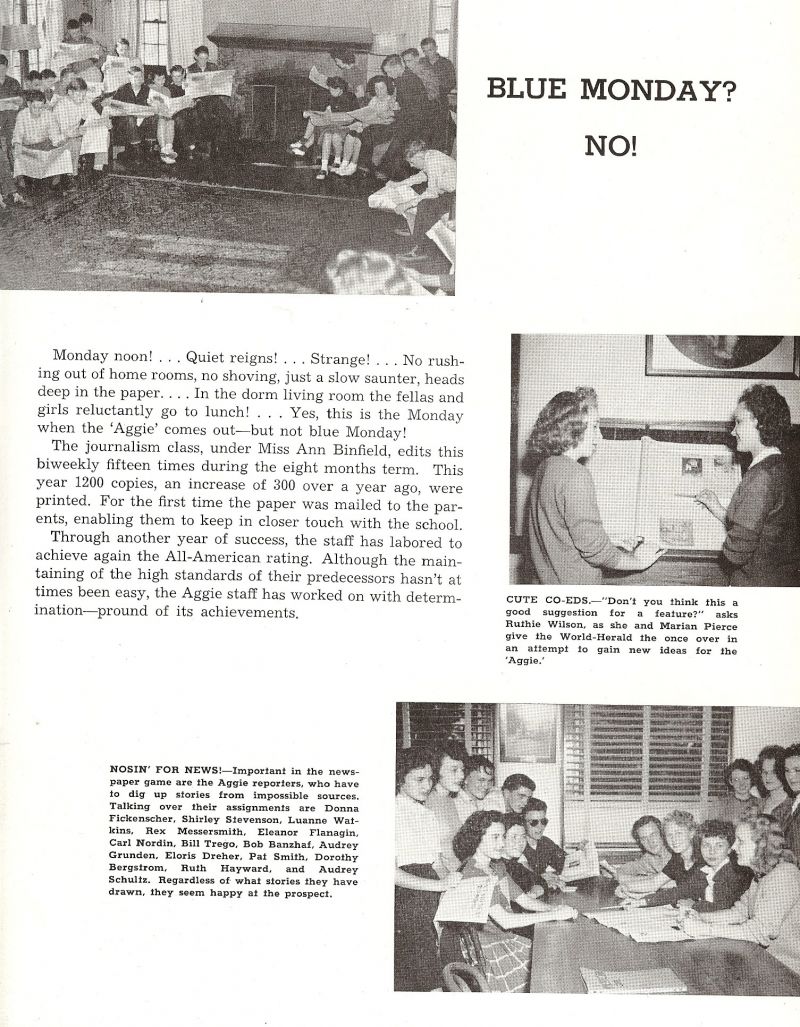 1946 Ruth Wilson, Marian Pierce, Donna Fickenscher, Shirley Stevenson, Luanne Watkins, Rex Messersmith, Eleanor Flanagin, Carl Nordin, Bill Trego, Bob Banzhaf, Audrey Grunden, Eloris Dreher, Pat Smith, Dorothy Bergstrom, Ruth Hayward, Audrey Schultz,