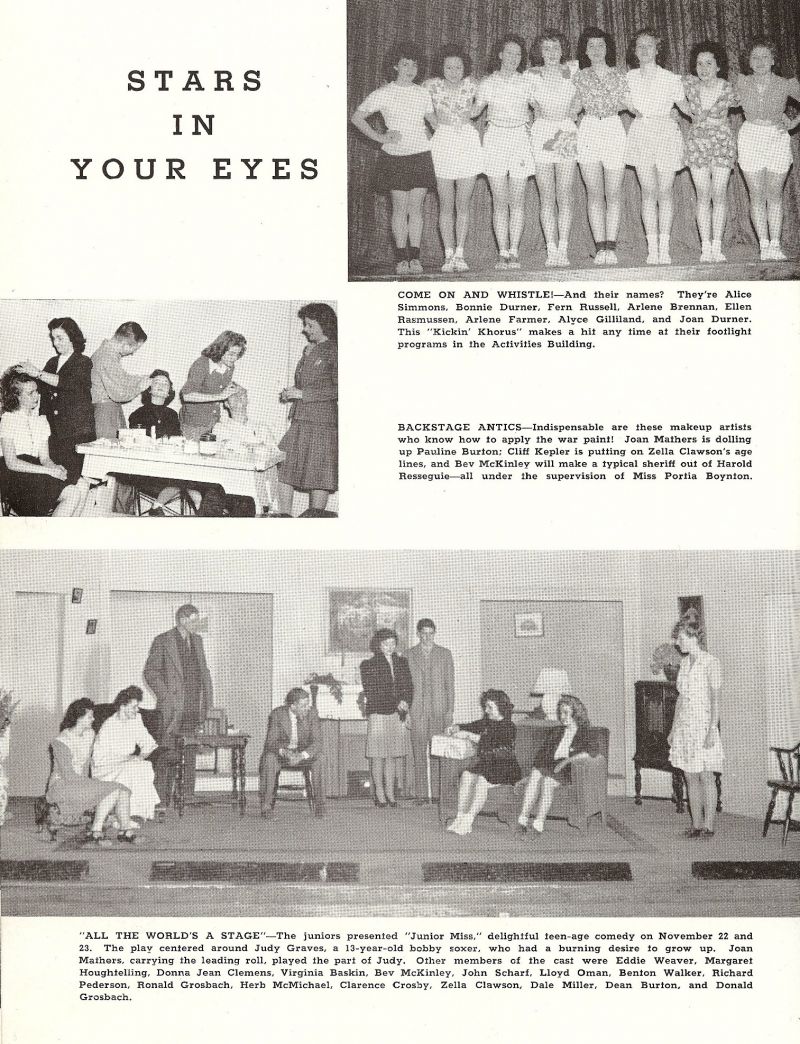 1946 Alice Simmons, Bonnie Durner, Fern Russell, Arlene Brennan, Ellen Rasmussen, Arlene Farmer, Alyce Gilliland, Joan Durner, Joan Mathers, Pauline Burton, Cliff Kepler, Zella Clawson, Beverly McKinley, Harold Resseguie, Portia Boynton. Jean Mathers, Eddie Weaver, Margaret Houghtelling, Donna Clemens, Virginia Baskin, John Scharf, Lloyd Oman, Benton Walker, Richard Pederson, Ronald Grosbach, Herb McMichael, Clarence Crosby, Dale Miller, Donna Grosbach,