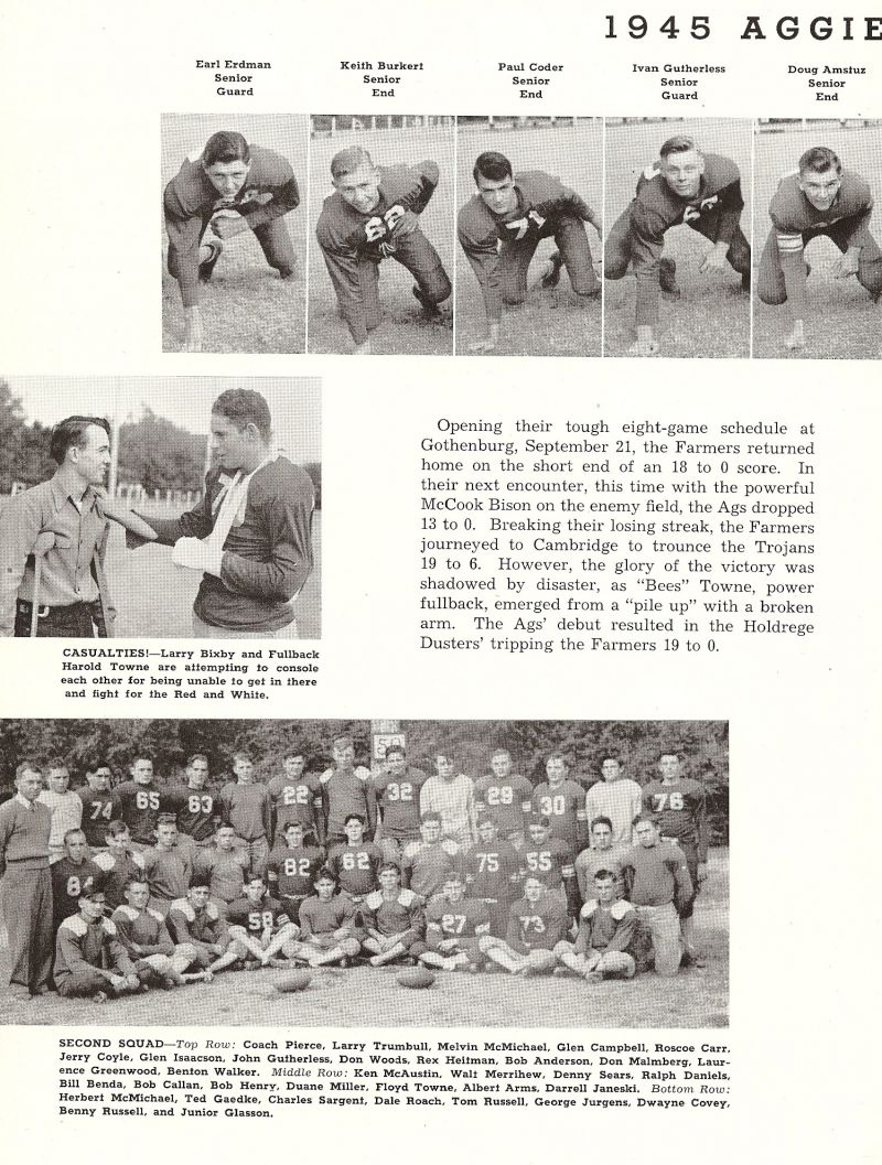 1946 Earl Erdman, Keith Burkert, Paul Coder, Ivan Gutherless, Doug Amstuz, Larry Bixby, Howard Towne, Roy Pierce, Larry Trumbull, Melvin McMichael, Glen Campbell, Roscoe Carr, Jerry Coyle, Glen Isaacson, John Gutherless, Don Woods, Rex Heitman, Bob Anderson, Don Malmberg, Laurance Greenwood, Benton Walker, Ken McAustin, Walt Merrihew, Denny Sears, Ralph Daniels, Bill Benda, Bob Callan, Bob Henry, Duane Miller, Floyd Towne, Albert Arms, Darrell Janeski, Herbert McMichael, Ted Gaedke, Charles Sargent, Dale Roach, Tom Russell, George Jurgens, Dwayne Covey, Benny Russell, Junior Glasson,