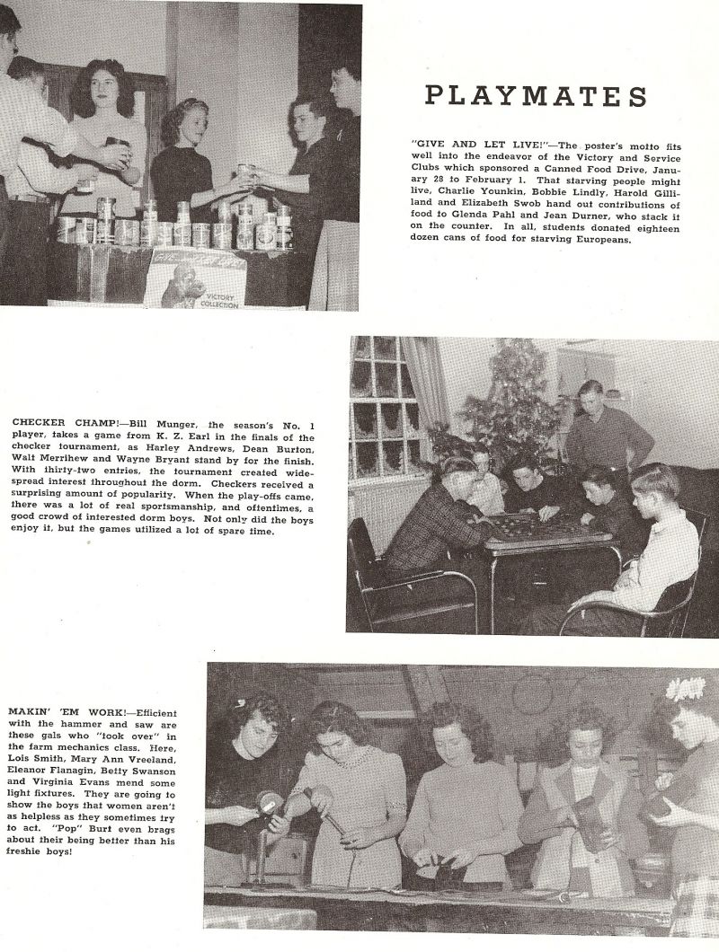 1946 Charlie Younkin, Bobbie Lindly, Harold Gilliland, Elizabeth Swob, Glenda Pahl, Jean Durner, Bill Munger, K. Z. Earl, Harley Andrews, Dean Burton, Walt Merrihew, Wayne Bryant, Lois Smith, MaryAnn Vreeland, Eleanor Flanagin, Betty Swanson, Virginia Evans, Klyte Burt. Pop Burt.
