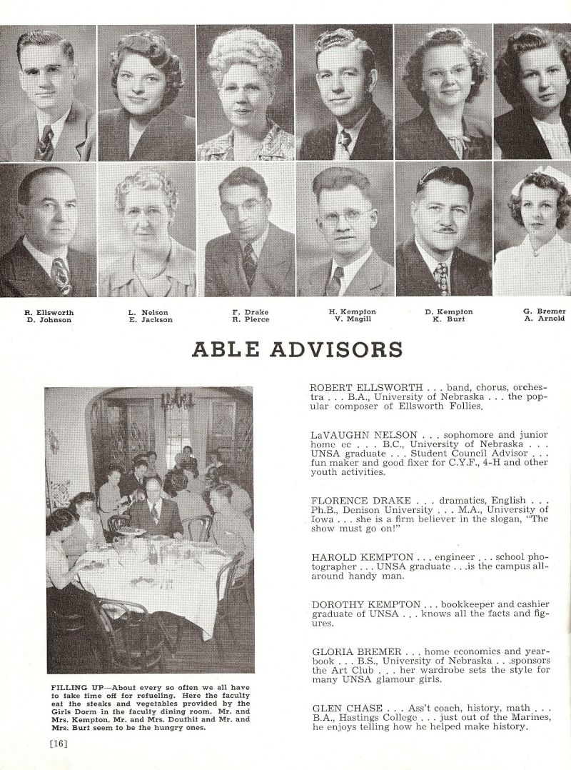 1947 Robert Ellsworth. LaVaughn Nelson. Florence Drake. Harold Kempton. Dorothy Kempton. Harold Douthit. Edith Douthit. Klyte Burt. Pop Burt. Doris Burt. Mom Burt. Gloria Bremer. Dean Johnson. Elva Jackson. Roy Pierce. Van Magill. Alyce Arnold.
