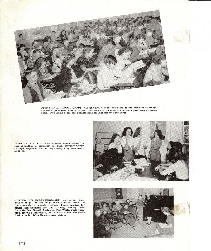 1947 Bremer. Beverly Covey, Carolyn Jorgeensen, Shirley Flanagin, Denzil Clegg, Harvey Cole, Gene Gerdes, Gerald Bartmess, Ted Waits, Jack Manning, Norris Simmerman, Betty Nordin, Marybelle Baskins, Drake.