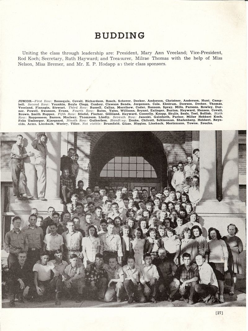 1947 Ressequie, Covalt, Richardson, Roach, Scherer, Decker, Anderson, Christner, Anderson, Hunt, Campbell, Younkin, Boyle, Clegg, Conboy, Clawson, Benda, Jorgensen, Cole, Ekstrum, Dawson, Dreher, Thomas, Vreeland, Flanagin, Stewart, Russell, Callan, Merrihew, Coder, Ransom, Spray, Mills, Parsons, Rowley, Durner, Powell, Swanson, Evans, Bates, Yates, Williams, Bryant, Eatinger, Burton, Hayward, Hansen, Covalt, Brown, Smith, Rupper, Stiefel, Fischer, Gilliland, Hayward, Connelly, Knepp, Shults, Seals, Teel, Bollish, Roggensees, Barnes, Macleay, Thompson, Lindly, Janeski, Gainforth, Parker, Miller, Hebbert, Koch, Fritz, Umberger, Kjargaard, Gutherless, Drake, Chilcott, Schleeman, Shafenberg, Hebbert, Reynolds, Arms, Lineback, Worley, Tiller, Brumfield, Glaze, Higgins, Lineback, Mertzmann, Towne, Zoucha,