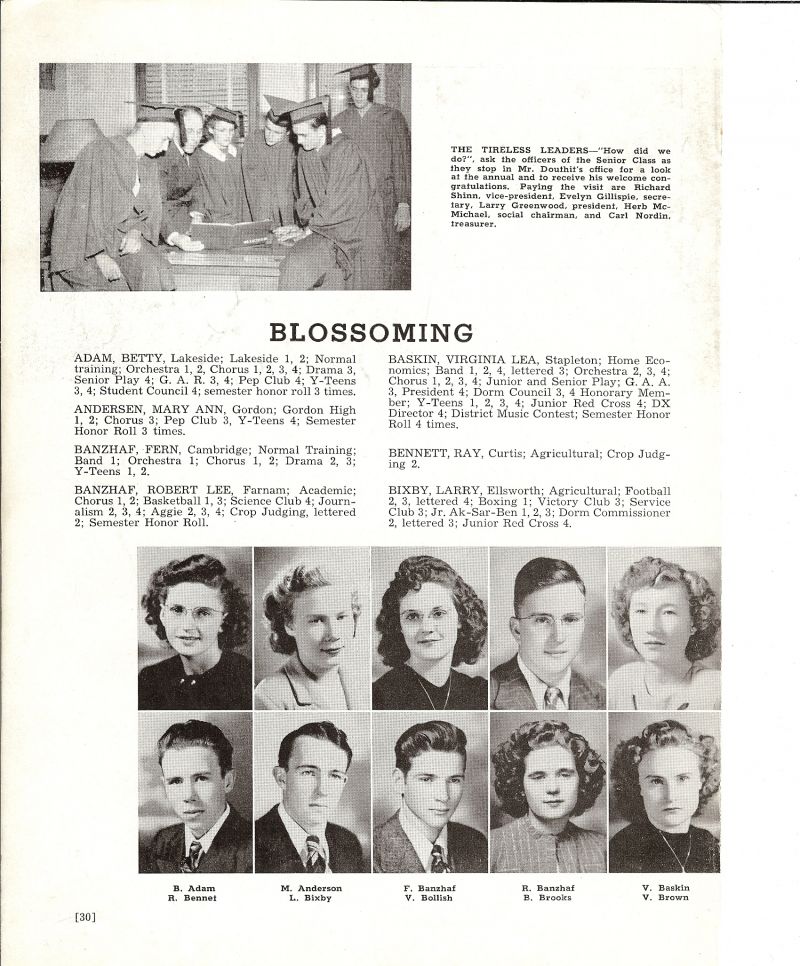 1947 Betty Adams, MaryAnn Andersen, Mary Ann Andersen, Mary Andersen, Fern Banzhaf, Robert Banzhaf, Virginia Baskin, Ray Bennett, Larry Bixby, Vernie Bollish, Betty Brooks, Vernalea Brown, Richard Shinn, Evelyn Gillispie, Larry Greenwood, Herb McMichael, Carl Nordin, Harold Douthit, Richard Shinn, Evelyn Gillispie, Larry Greenwood, Herb McMichael, Robert Norton,