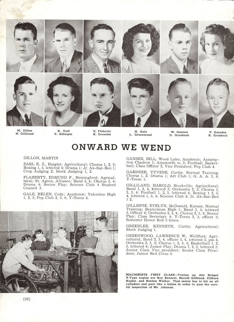 1947 Martin Dillon, Duke Dillon, K.Z. Earl, Edmund Flaherty, Helen Gale, Bill Ganser, Vyvene Gardner, Harold Gilliland, Evelyn Gillispie, Kenneth Greenlee, Lawrence Greenwood, Donald Grosbach, Ronald Grosbach, Ray Bennet, Clifford Kepler, Benton Walker, Dean Johnson,