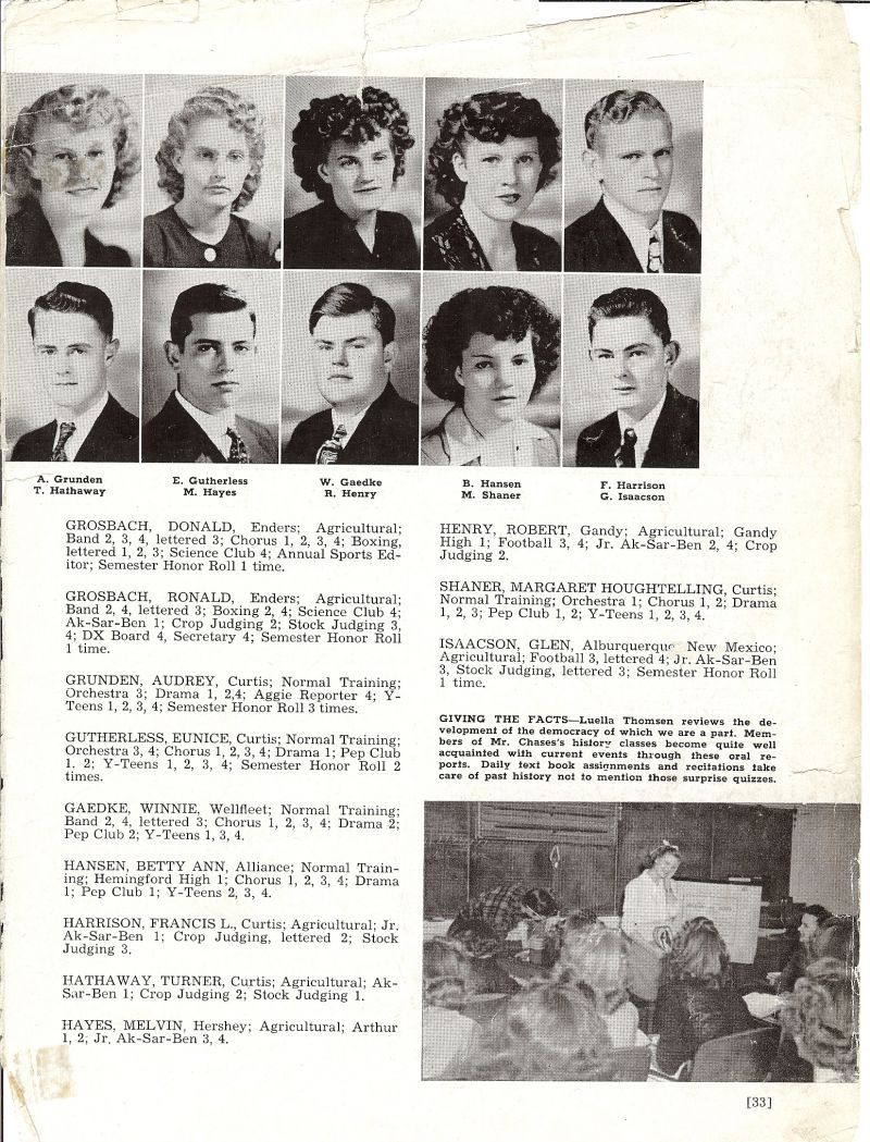 1947 Audrey Grunden, Eunice Gutherless, Winnie Gaedke, Betty Hansen, Betty Ann Hansen, Francis Harrison, Turner Hathaway, Melvin Hayes, Robert Henry, Margaret Shaner, Margaret Houghtelling Shaner, Glen Isaacson, Luella Thomsen,