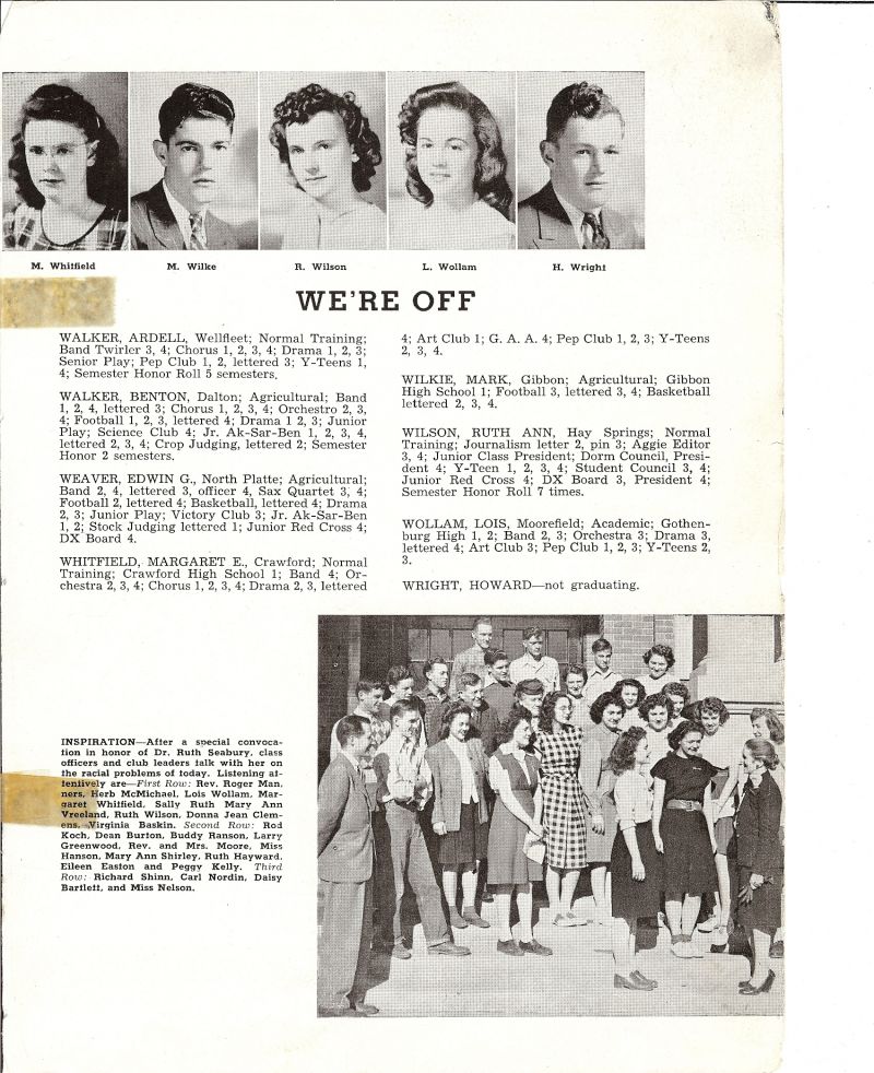 1947 Margaret Whitfield, Mark Wilkie, Ruth Wilson, Lois Wollam, Howard Wright, Dr. Ruth Seabury. Rev. Roger Manners. Herb McMichael, Sally Ruth Vreeland, Mary Ann Vreeland, Donna Clemens, Virginia Baskin, Rod Koch, Dean Burton. Buddy Ranson, Larry Greenwood, Rev. Moore. Mrs. Moore. Miss Hanson. MaryAnn Shirley, Ruth Hayward, Eileen Easton, Peggy Kelley, Richard Shinn, Carl Nordin, Daisy Bartlett, LaVaughn Nelson. Ardell Walker, Benton Walker, Edwin Weaver,