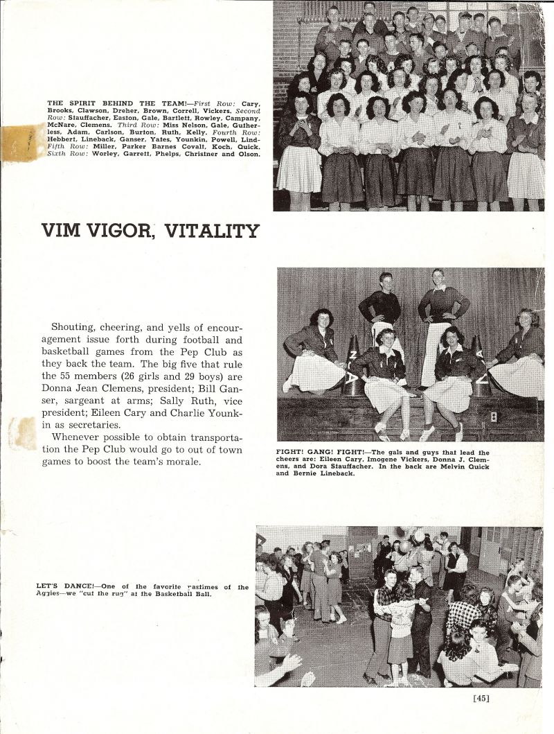1947 Cary, Brooks, Clawson, Dreher, Brown, Correll, Vickers, Stauffacher, Easton, Gale, Bartlett, Rowley, Campany, McNare, Donna Jean Clemens, Donna Clemens, Nelson. Gutherless, Adam, Carlson, Burton, Ruth, Kelly, Hebbert, Lineback, Ganser, Yates, Younkin, Powell, Miller, Parker, Parnes, Covalt, Koch, Quick, Worley, Garrett, Phelps, Christner, Olson, Eileen Cary, Imogene Vickers, Donna Clemens, Dora Stauffacher, Melvin Quick, Bernie Lineback, Bill Ganser, Sally Ruth, Eileen Cary, Charlie Younkin,