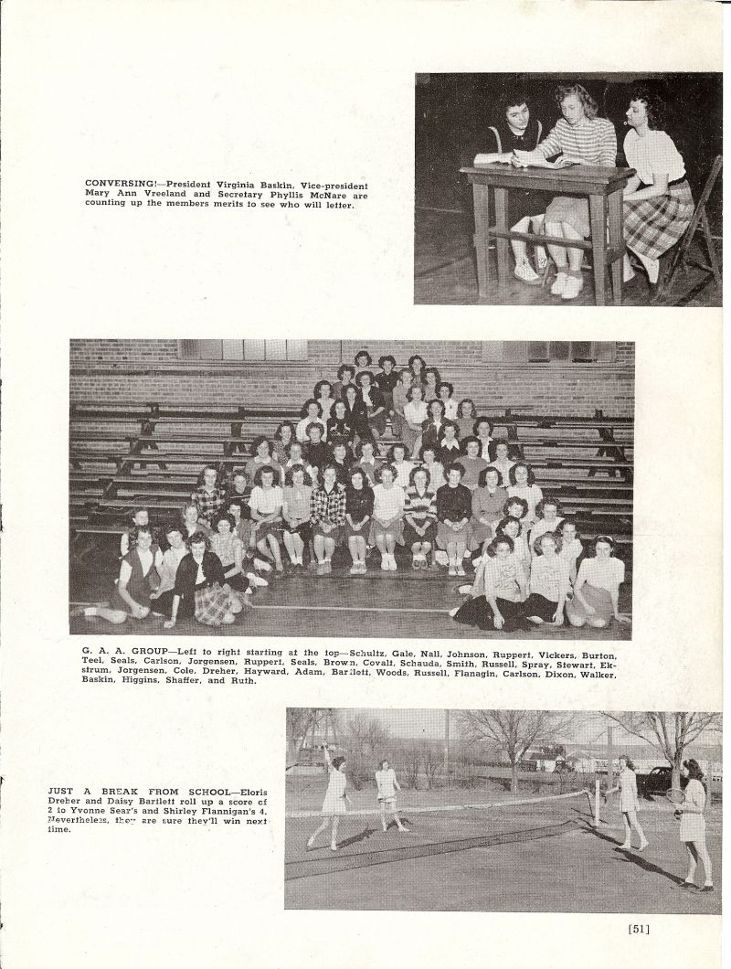 1947 Virginia Baskin, Mary Ann Vreeland, Phyllis McNare, Schultz, Gale, Nall, Johnson, Ruppert, Vickers, Burton, Teel, Seals, Carlson, Jorgensen, Ruppert, Brown, Covalt, Schauda, Smith, Russell, Spray, Stewart, Ekstrum, Jorgensen, Cole, Dreher, Hayward, Adam, Bartlett, Woods, Russell, Flanagin, Carlson, Dixon, Walker, Baskin, Higgins, Shaffer, Ruth, Eloris Dreher, Daisy Bartlett, Yvonne Sears, Shirley Flannigan,   