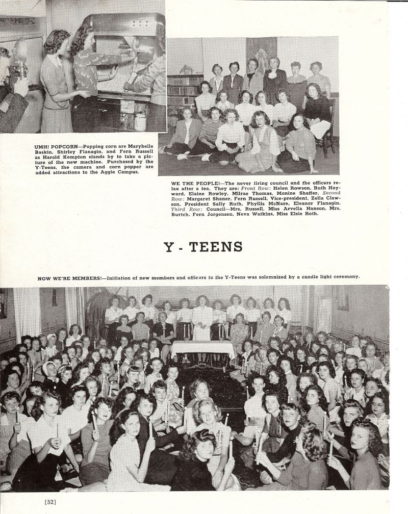 1947 Marybelle Baskin, Shirley Flanagin, Fern Russell, Harold Kempton, Helen Rowson, Ruth Hayward, Elaine Rowley, Milrae Thomas, Monine Shaffer, Margaret Shaner, Fern Russell, Zella Clawson, Sally Ruth, Phyllis McNare, Eleanor Flanagin, Russell. Hanson. Mom Burtch. Fern Jorgensen. Neva Watkins. Elsie Ruth.